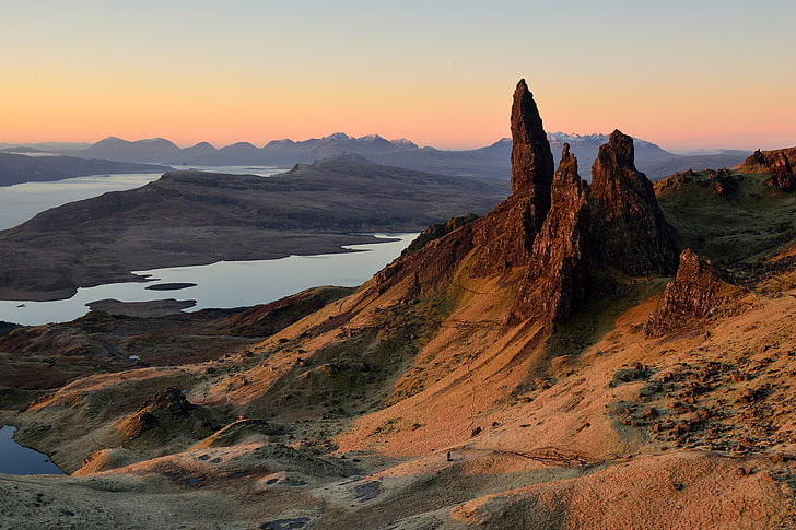 montañas, colinas, gente, mañana, Escocia, fotógrafo, Isla de Skye, el archipiélago de las Hébridas Interiores, anciano de Storr, Fondo de pantalla HD