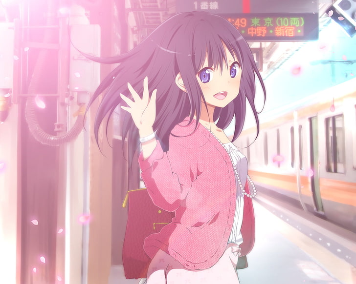 Anime, Original, Bag, Blush, Girl, Long Hair, Original (Anime), Purple Eyes, Purple Hair, Smile, Train, HD wallpaper