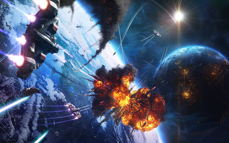 black spaceship illustration, stars, the explosion, smoke, people, planet, ships, Space, the battle, HD wallpaper