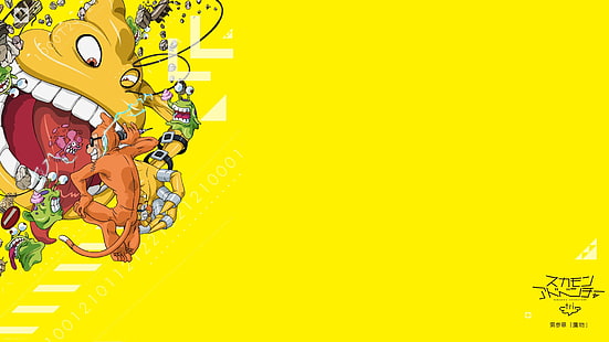 المنسوجات الزهرية الصفراء والخضراء ، أنيمي ، ديجمون ، بساطتها، خلفية HD HD wallpaper
