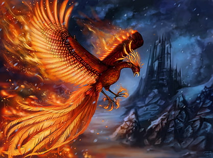 castelo, rochas, flama, pássaro, asas, fantasia, arte, Phoenix, HD papel de parede HD wallpaper