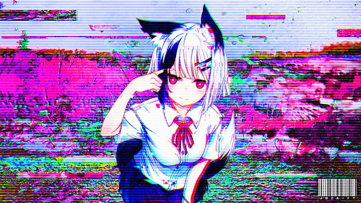 Anime, Anime-Mädchen, Katzenmädchen, Störschubkunst, Rosa, Grafik, digitale Kunst, HD-Hintergrundbild