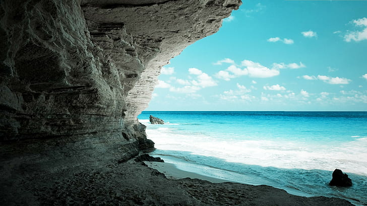 pemandangan, laut, pantai, alam, horison, biru, cyan, langit, awan, batu, pasir, air, Wallpaper HD