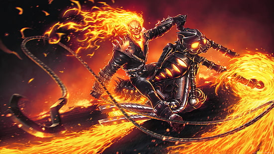  fire, skull, chain, motorcycle, sake, Ghost Rider, bike, Marvel comics, byke, HD wallpaper HD wallpaper