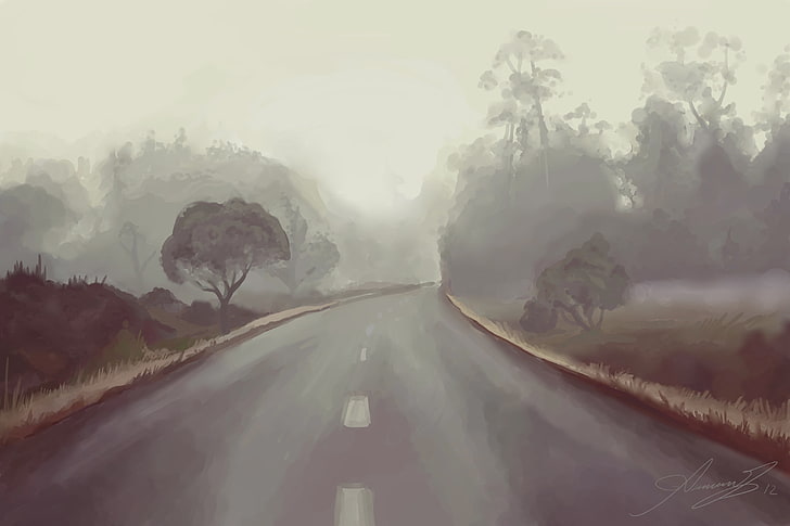 painting of roadway, artwork, road, landscape, painting, HD wallpaper