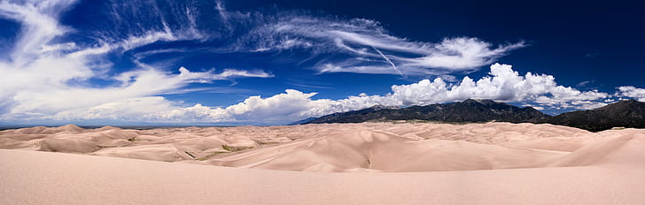 desert under cloudy sky, Panorama, desert, cloudy, sky, great sand dunes  national  park, colorado, landscape, weather, olympus  om-d  e-m5, zuiko, f/2, sand Dune, sand, nature, death Valley National Park, mountain, scenics, dry, death Valley Desert, outdoors, arid Climate, HD wallpaper