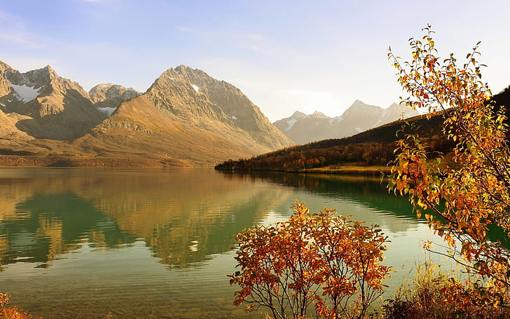 Lake, mountains, forest, shrub, sunshine, autumn, Lake, Mountains, Forest, Shrub, Sunshine, Autumn, HD wallpaper