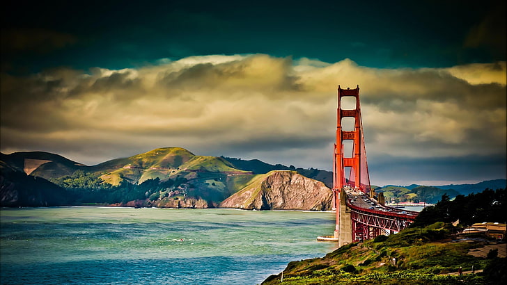 空、自然、雲、橋、地平線、積雲、海、海岸、ゴールデンゲートブリッジ、サンフランシスコ、カリフォルニア、風景、アメリカ合衆国、丘、太平洋、吊り橋、 HDデスクトップの壁紙