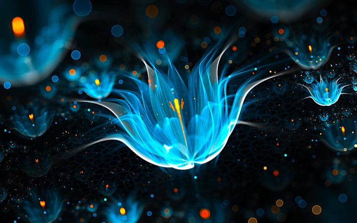 escuela de medusas azules, flores de pétalos azules, abstracto, fractal, flores, bokeh, flores fractales, arte digital, azul, Fondo de pantalla HD