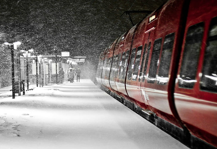 snö, fordon, tåg, natt, HD tapet