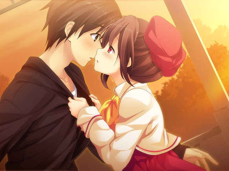 Couple kiss sunset-2015 Anime Wallpaper, male and female anime character illustration, HD wallpaper