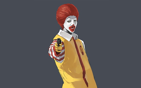McDonalds digital wallpaper, McDonald's, gun, Ronald McDonald, dark humor, simple background, HD wallpaper HD wallpaper