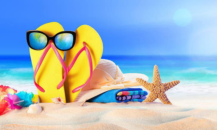 sand, sea, beach, summer, star, vacation, hat, glasses, shell, slates, starfish, sunglasses, accessories, seashells, HD wallpaper