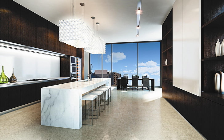 table de bar en bois blanc avec tabourets de bar, intérieur, design, style, ville, appartement, salle à manger, cuisine, Fond d'écran HD