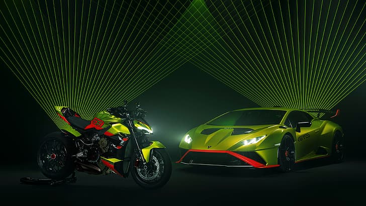 Ducati Streetfighter 848, Lamborghini Huracan STO, автомобиль, транспортное средство, мотоцикл, низкий свет, лучи фар, зеленые автомобили, суперкары, итальянские автомобили, HD обои