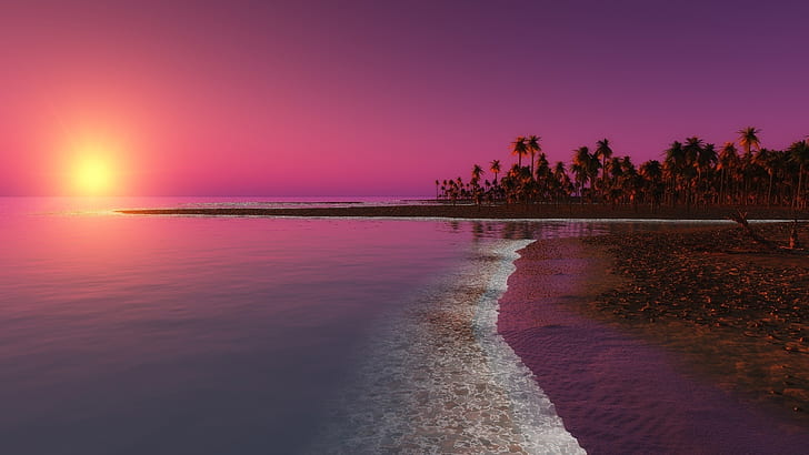 Praia, pôr do sol, palmeiras, mar, crepúsculo, Praia, pôr do sol, palmeiras, árvores, mar, crepúsculo, HD papel de parede