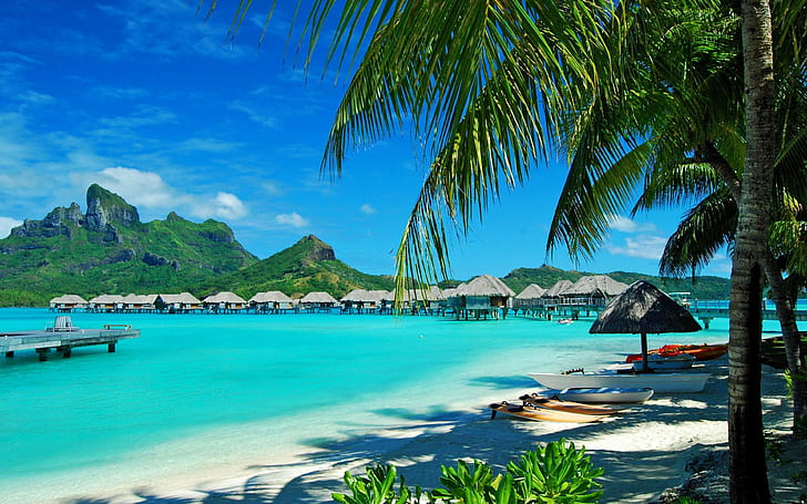 Hawaii-mavi deniz, kumlu plajları, yeşil palmiye ağaçları, saman-mavi bungalov kulübe-Masaüstü Duvar Kağıdı-HD-3840 × 2400, HD masaüstü duvar kağıdı