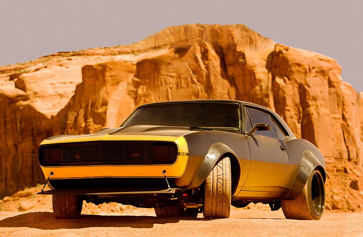 black and gray Dodge Challenger coupe, Chevrolet, Camaro, car, muscle car, Bumblebee, Transformers 4, HD wallpaper