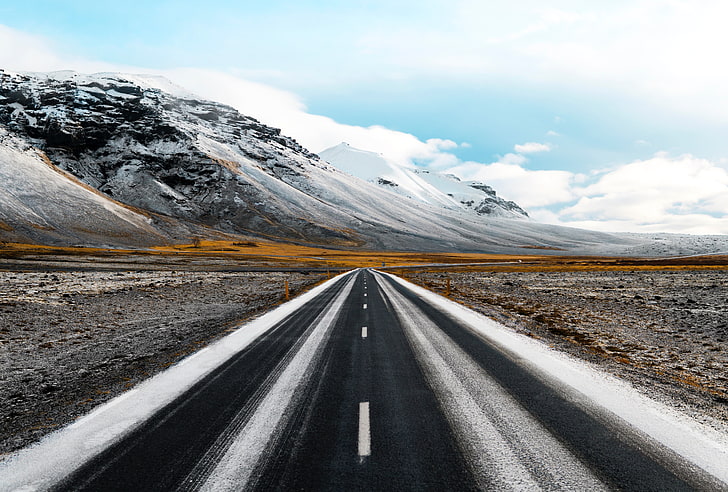 Carretera de asfalto gris, carretera, marcado, montañas, dirección, Fondo de pantalla HD