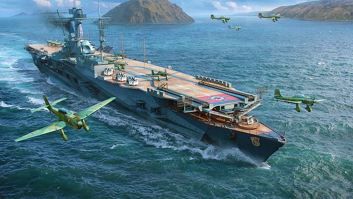 World of Warships, videojuegos, juegos de PC, obras de arte, Graf Zeppelin, Junkers Ju-87 Stuka, Kriegsmarine, portaaviones, avión, Fondo de pantalla HD