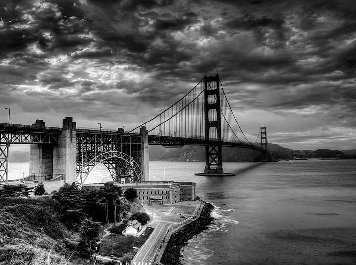 Golden Gate Bridge HDR, black suspension bridge, Black and White, California, Bridge, Clouds, blackandwhite, unitedstates, sanfrancisco, nikond800, goldengatebridge, sanfranciso, HD wallpaper