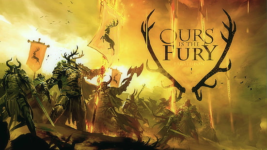 Ours is the Fury med textoverlay, Game of Thrones, House Baratheon, sigils, TV, fantasy art, warrior, banner, war, battle, sword, typography, Guild Wars 2, HD tapet HD wallpaper