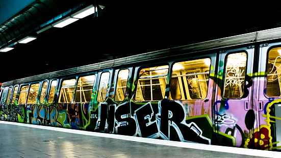 metro, graffiti, pojazd, pociąg, Tapety HD HD wallpaper