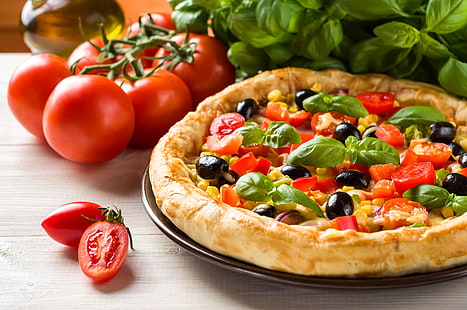 milho, pimenta, tomate, azeitonas, especiarias, fast food, manjericão, pizza, HD papel de parede HD wallpaper