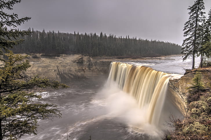 water falls under gray sky, canada, canada, Alexandra Falls, North West Territories, Canada  water, water falls, water fall, NWT, fall  river, Hay, nature, 60th Parallel, waterfall, river, forest, water, landscape, scenics, falling, tree, beauty In Nature, HD wallpaper