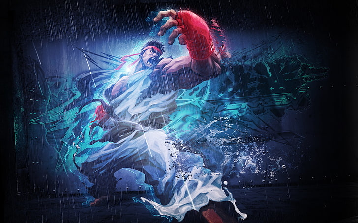 Street Fighter Ryu цифровые обои, street fighter x tekken, рю, злой, дождь, одежда, HD обои