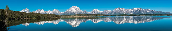 landscape photography of snowy mountain, jackson lake, jackson lake, Jackson Lake, Panoramic, landscape photography, snowy mountain, geo, lat, Moran, lon, geotagged, Adventure, Explore, Exploring, Teton Mountain Range, Grand Teton National Park, Grand Tetons, https, Reflection, Landscape, Mountain Range, Mountain View, National Park Service, Natural Wonder, Nature, NPS, Outdoor, Pano, Scenic, Spot, View, Cap, Still Water, Teton County, Park Road, Tetons, Tourism, Tourist Attraction, Travel Blog, Travel Photography, Traveling, Adventures, U.S. National Park Service, United States, National Park, Park  Vista, Water, Waterscape, World Travel, WY, Wyoming, lake, mountain, scenics, outdoors, sky, blue, beauty In Nature, mountain Peak, tranquil Scene, summer, HD wallpaper