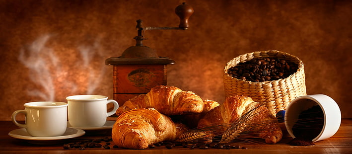 Cibo, colazione, chicchi di caffè, cornetto, tazza, macinacaffè, natura morta, Sfondo HD HD wallpaper