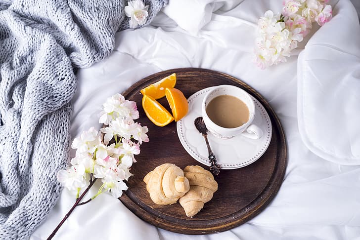 coffee, Cup, bed, tulips, flowers, romantic, coffee cup, croissants, growing, breakfast, HD wallpaper