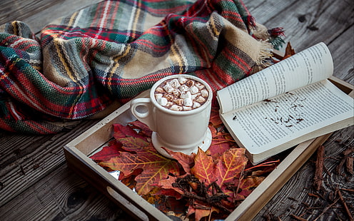 drewno, tło, jesień, liście, książka, kakao, taca, koc, krata, gorąca czekolada, ptasie mleczko, pianki, gorące kakao, Tapety HD HD wallpaper