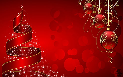 röd och guld jul-tema dekor, bollar, dekoration, vektor, nyår, jul, tejp, vykort, kon, HD tapet HD wallpaper