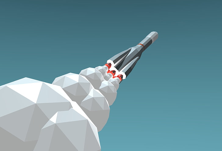 иллюстрация серого космического челнока, синий фон, ракета, низкий поли, минимализм, космический корабль, дым, Союз, R-7, HD обои