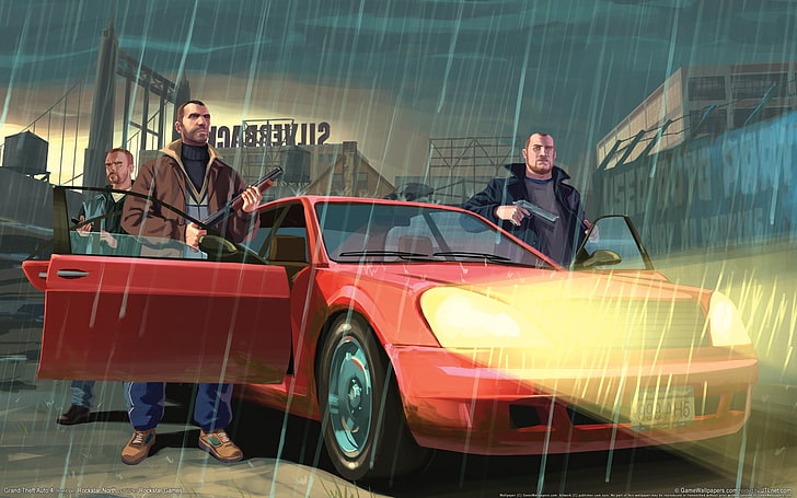 tre mans animerade tapeter, gta, grand theft auto 4, niko bellic, bil, regn, HD tapet