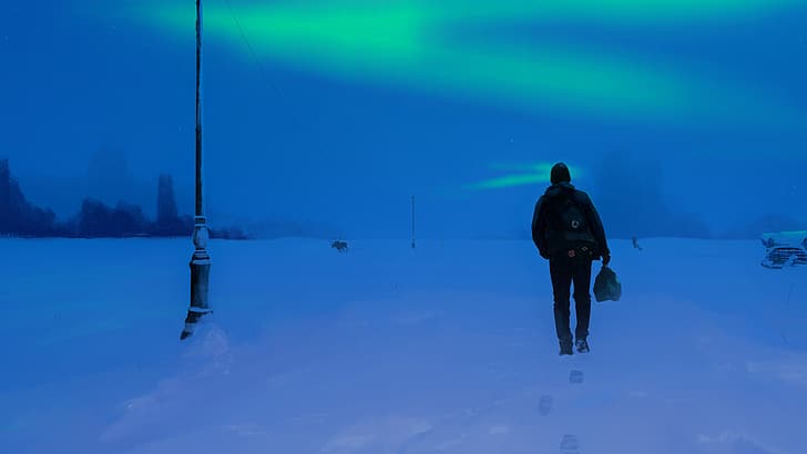 aurorae, alone, snow, walking, elk, light post, foot prints, Florian Aupetit, HD wallpaper