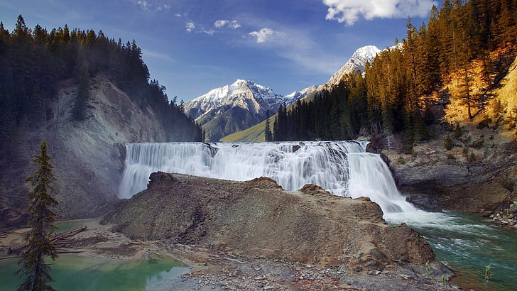 cascading waterfalls, falls, mountains, wood, embankment, lake, HD wallpaper