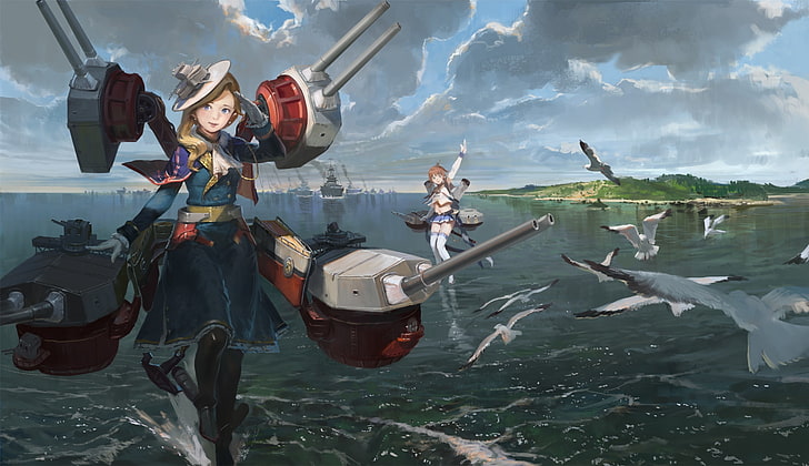 azur lane, cleveland, hood, birds, painting, ships, clouds, anime games, Anime, HD wallpaper