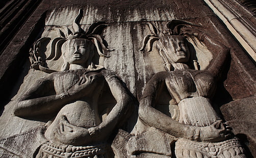 Апсара, статуя из двух человек с тиснением, Винтаж, Руины, Храм, древние, Камбоджа, Камбоджа, Камбоджа, ЮНЕСКО. Наследие, древняя структура, Апсара, Камбоджия, HD обои HD wallpaper