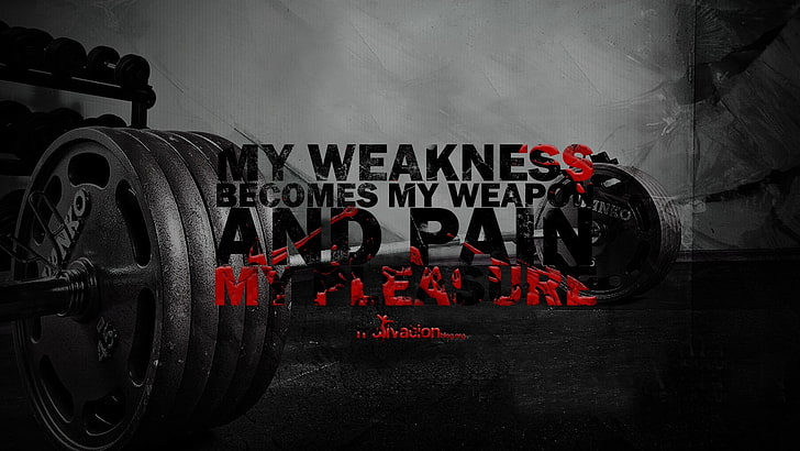слабостта ми се превръща в мое оръжие и текст за болка, слабостта ми се превръща в текст за оръжие и болка, обучение, спортни зали, мотивация, типография, селективно оцветяване, HD тапет