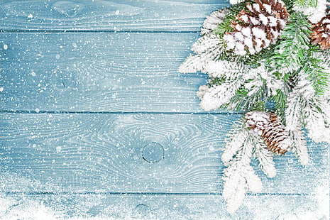 Brauner Tannenzapfen und grüne Kiefernblätter, Winter, Schnee, Baum, Neujahr, Weihnachten, Beulen, Holz, Dekoration, fröhlich, HD-Hintergrundbild HD wallpaper