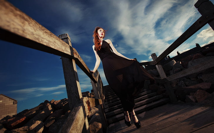 women's black sleeveless dress, red hair, dress, bridge, model, HD wallpaper