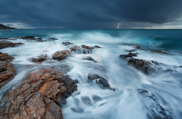 body of water, nature, landscape, clouds, water, sea, storm, lightning, rock, waves, horizon, long exposure, HD wallpaper