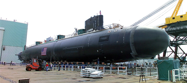 black submarine, submarine, vehicle, flag, military, HD wallpaper