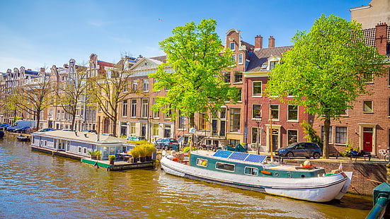 canal, waterway, amsterdam, water, europe, boat, city, tree, neighbourhood, floating house, sky, houseboat, HD wallpaper HD wallpaper