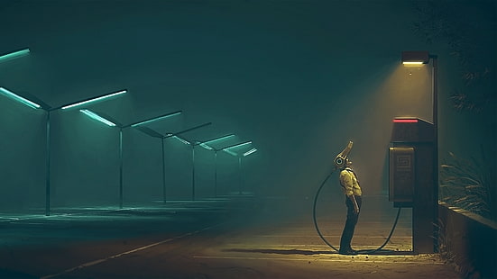 Futurystyczny, nocny, parking, budka telefoniczna, Simon Stålenhag, oświetlenie uliczne, zestaw słuchawkowy VR, Tapety HD HD wallpaper