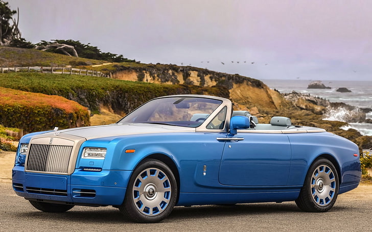 blue convertible coupe, rolls-royce, phantom, drophead, coupe, 2014, HD wallpaper