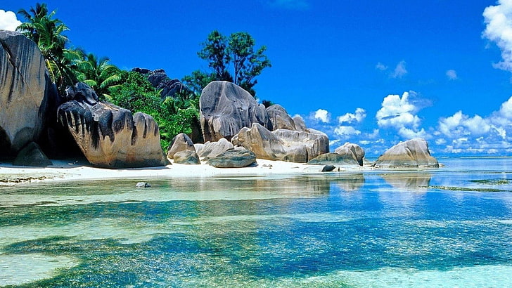 île, seychelles, eau, tropiques, exotique, mer, ciel, roche, vacances, lagon, été, rivage, îlot, formation, caraïbes, paradis, Fond d'écran HD